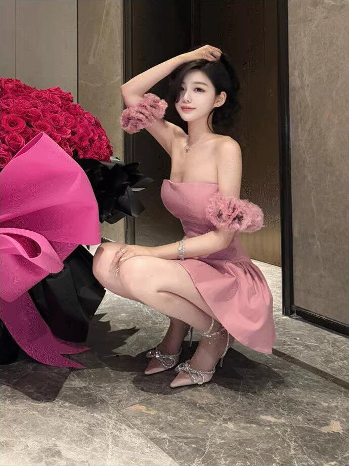 Pink Flower Sleeves Off-Shoulders Fairy Dress