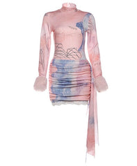 Pink Fur Cuffs Bodycon Long Sleeves Dress