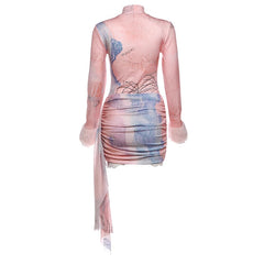 Pink Fur Cuffs Bodycon Long Sleeves Dress