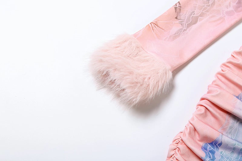 Pink Fur Cuffs Bodycon Long Sleeves Dress