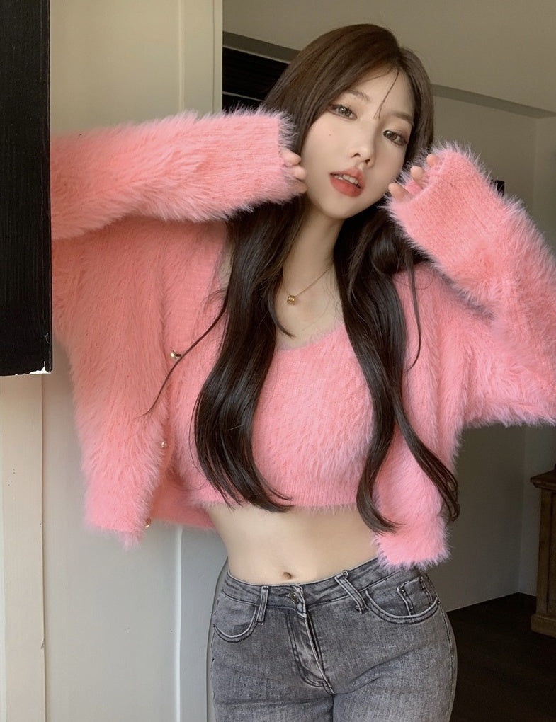 Pink Furry Knit Crop Top And Cardigan Set
