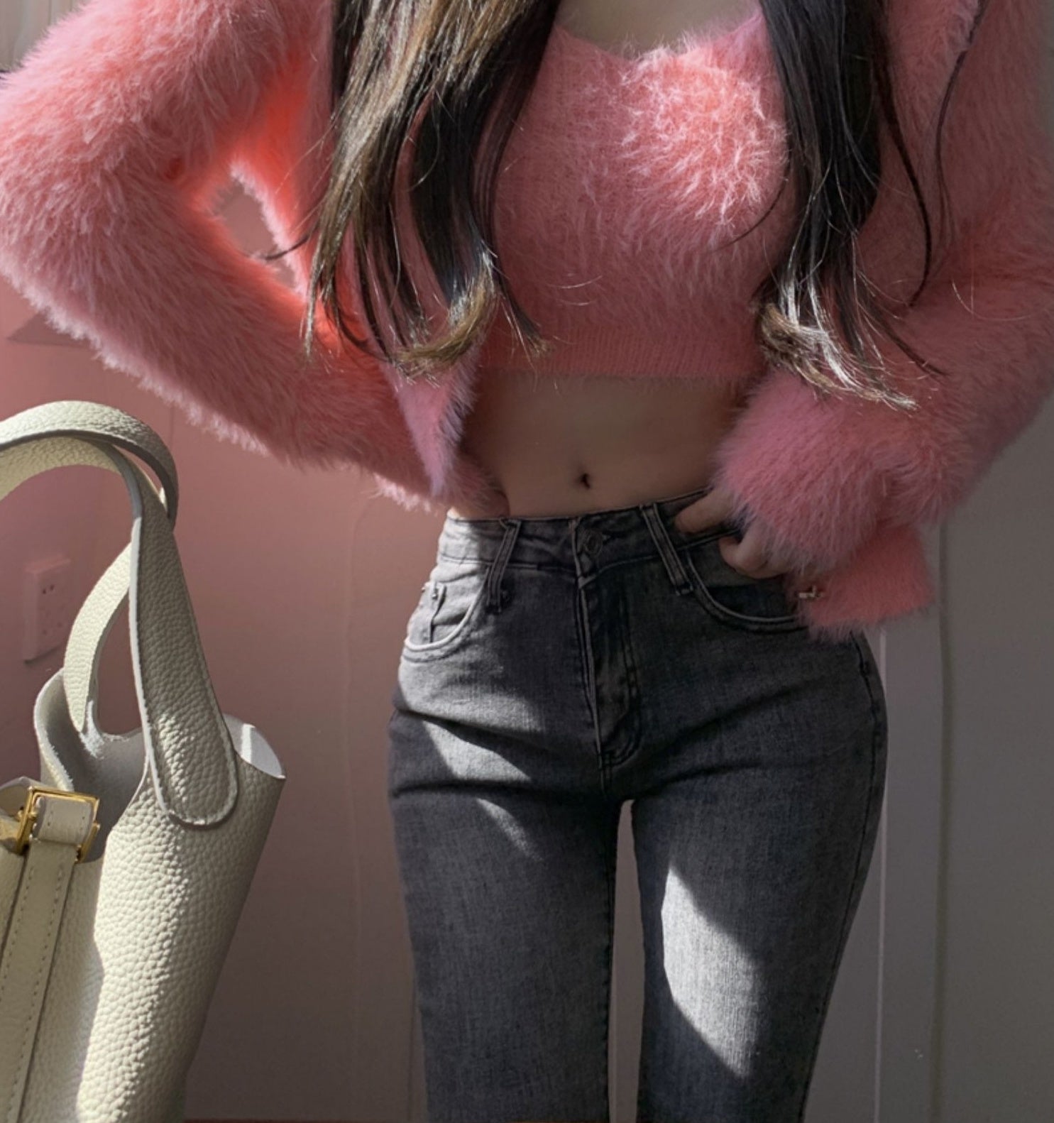 Pink Furry Knit Crop Top And Cardigan Set