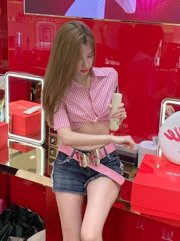 Pink Gingham Crop Tie Front Shirt