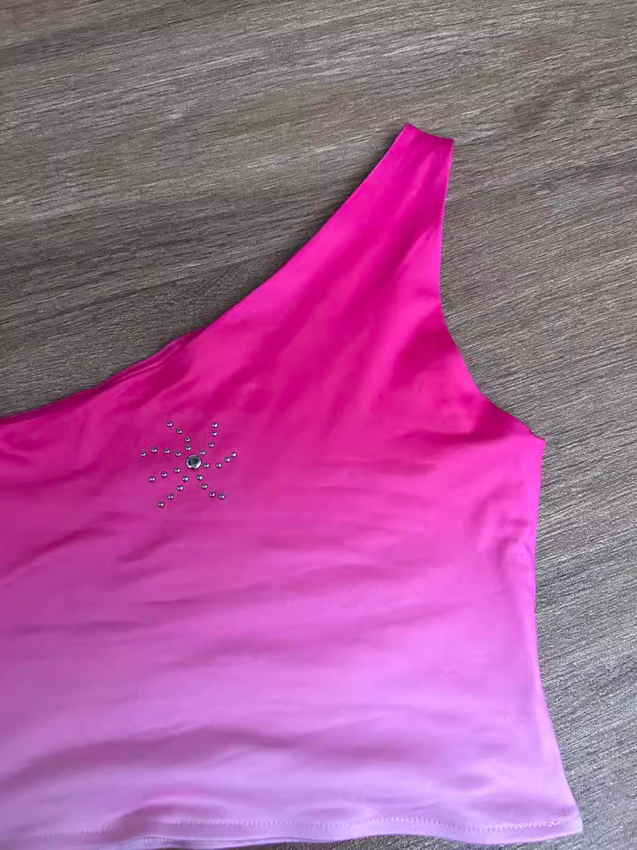 Pink Gradient Asymmetric Crop Top