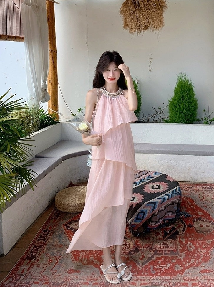 Pink Halter Neck French Style Summer Dress