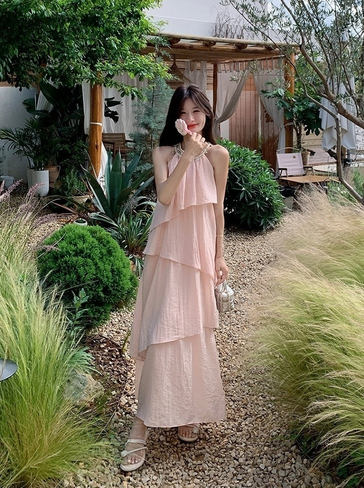 Pink Halter Neck French Style Summer Dress