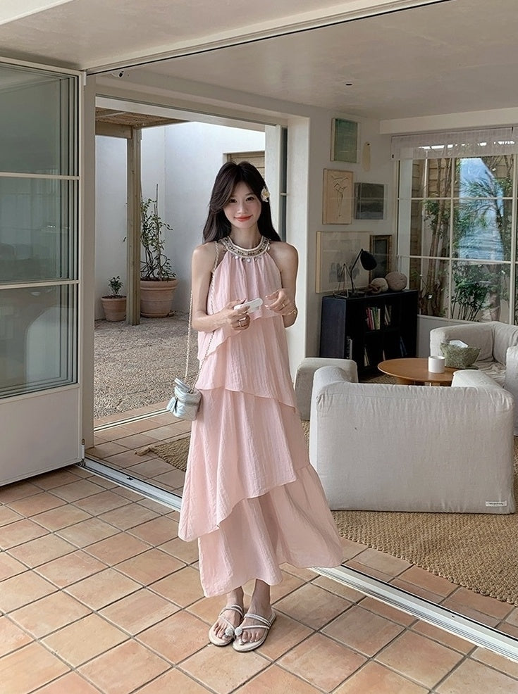 Pink Halter Neck French Style Summer Dress