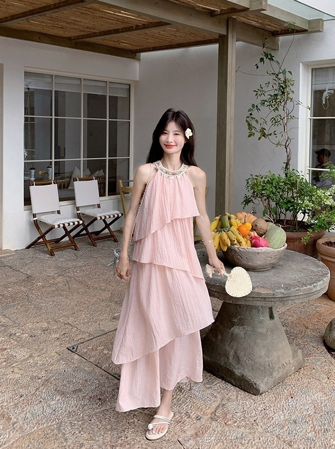 Pink Halter Neck French Style Summer Dress