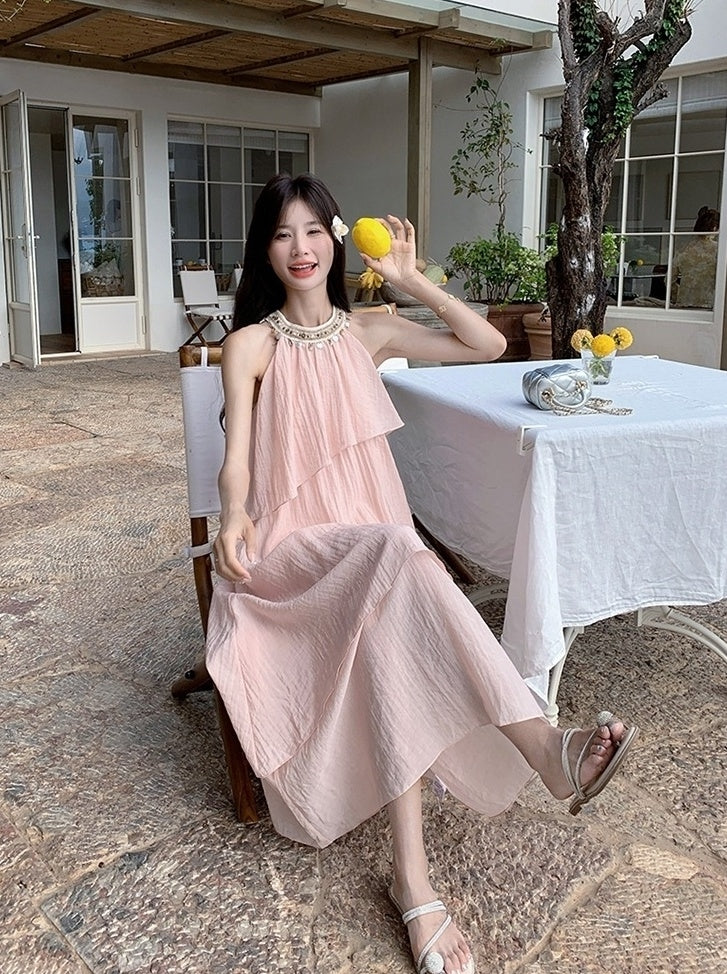 Pink Halter Neck French Style Summer Dress