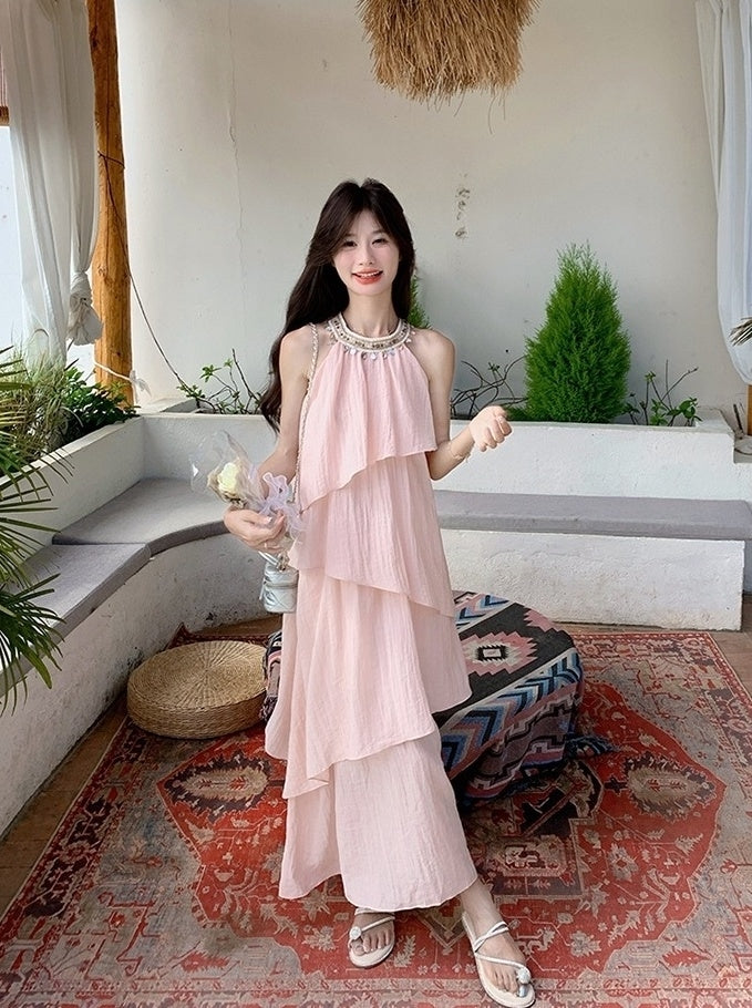 Pink Halter Neck French Style Summer Dress