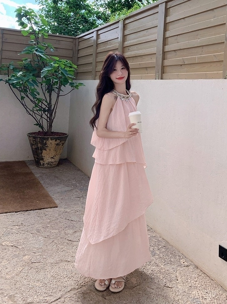 Pink Halter Neck French Style Summer Dress