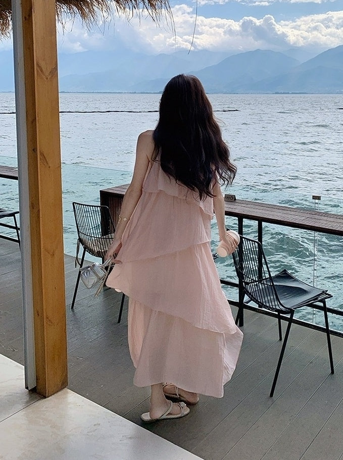 Pink Halter Neck French Style Summer Dress