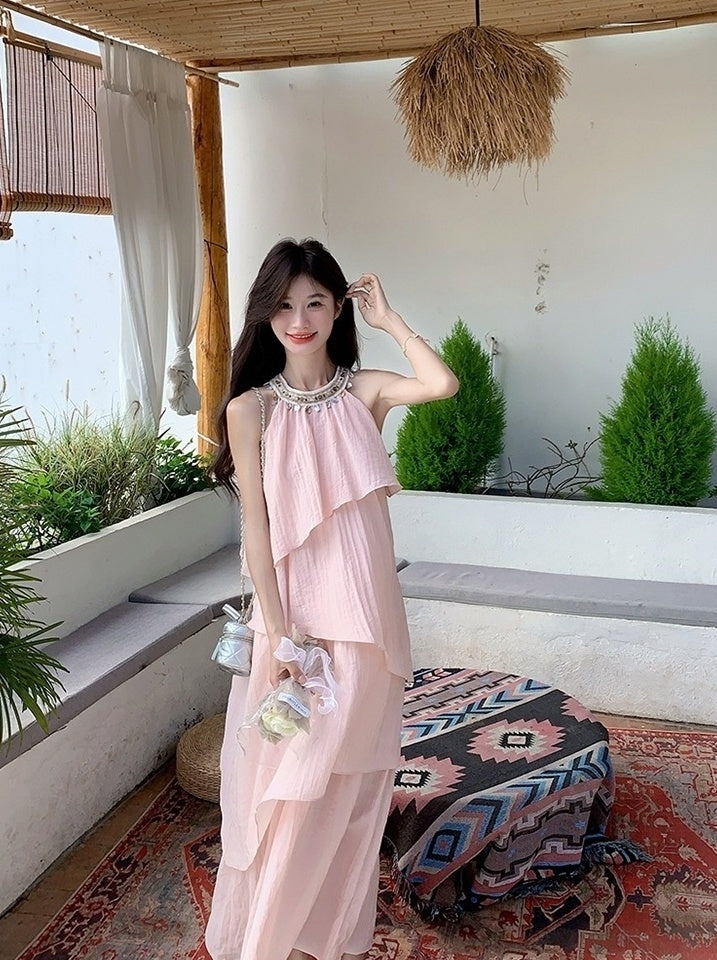 Pink Halter Neck French Style Summer Dress