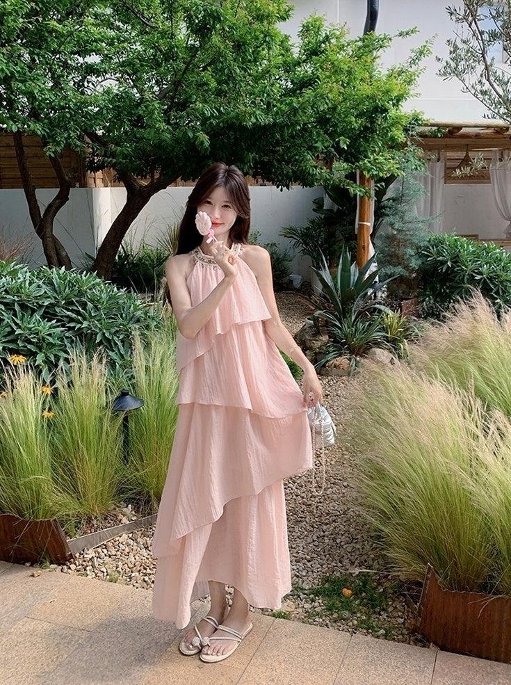 Pink Halter Neck French Style Summer Dress