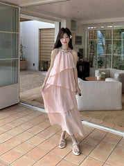 Pink Halter Neck French Style Summer Dress