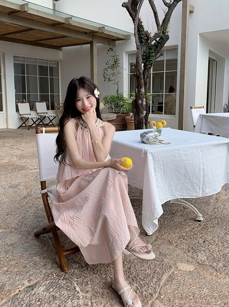 Pink Halter Neck French Style Summer Dress