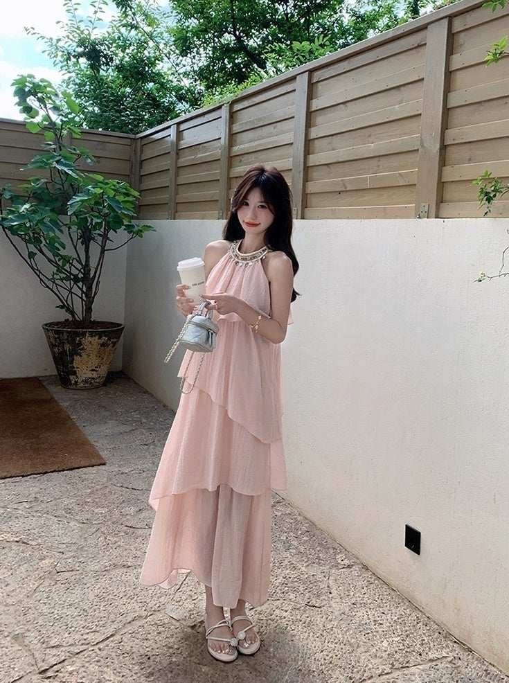 Pink Halter Neck French Style Summer Dress