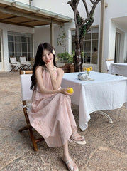 Pink Halter Neck French Style Summer Dress