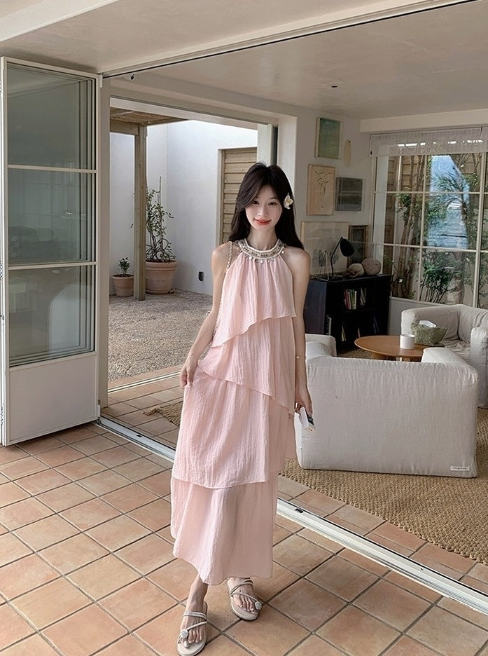 Pink Halter Neck French Style Summer Dress