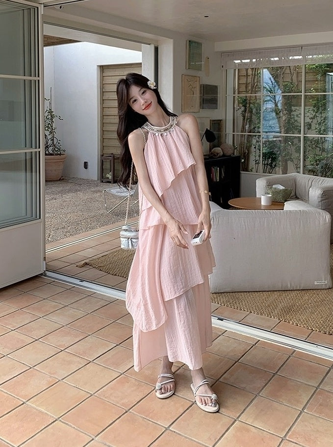 Pink Halter Neck French Style Summer Dress