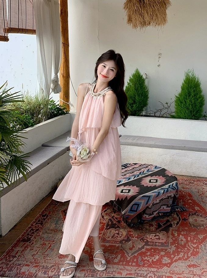 Pink Halter Neck French Style Summer Dress