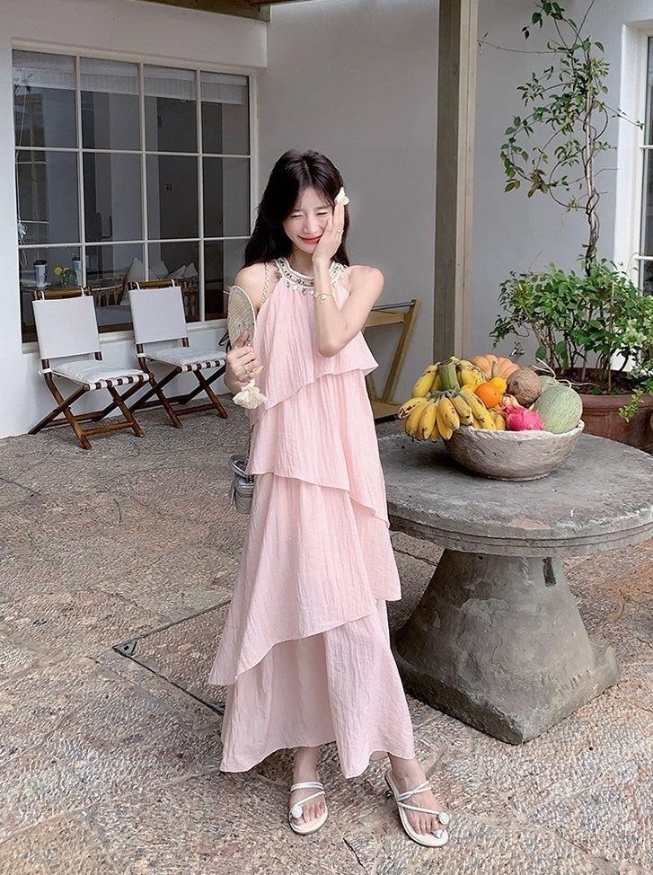 Pink Halter Neck French Style Summer Dress