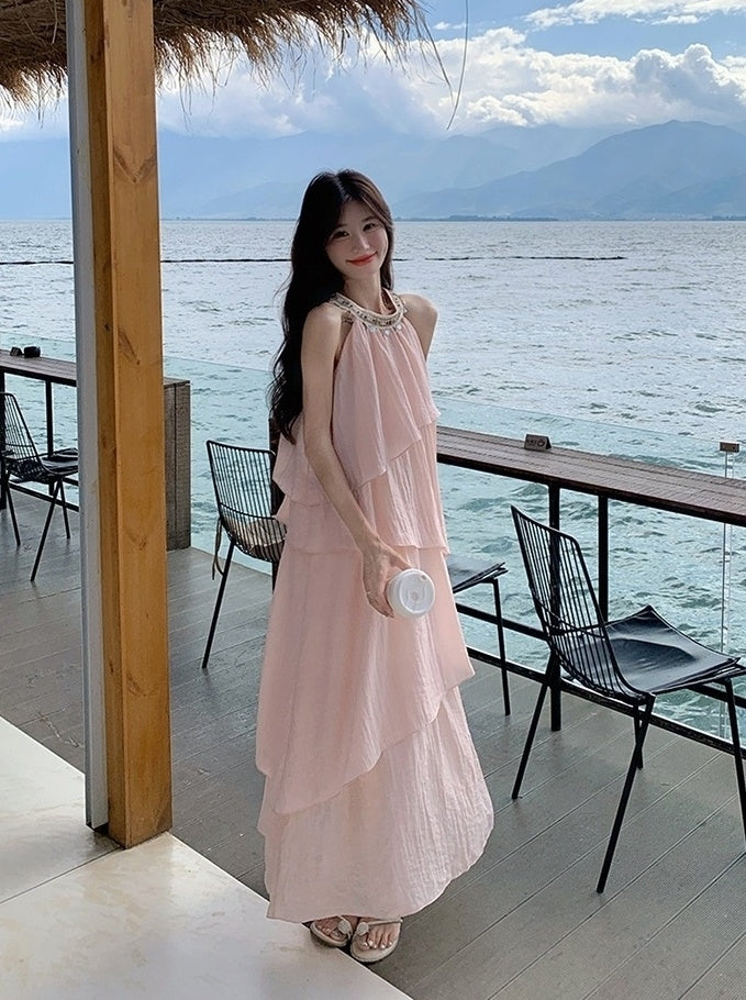 Pink Halter Neck French Style Summer Dress