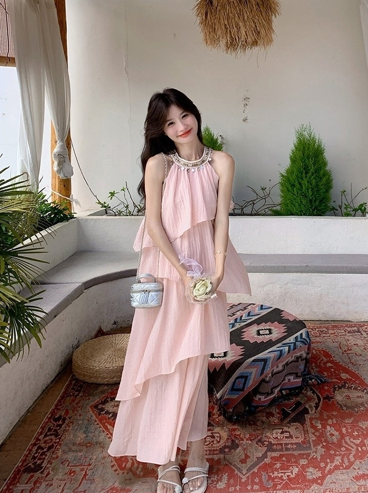 Pink Halter Neck French Style Summer Dress