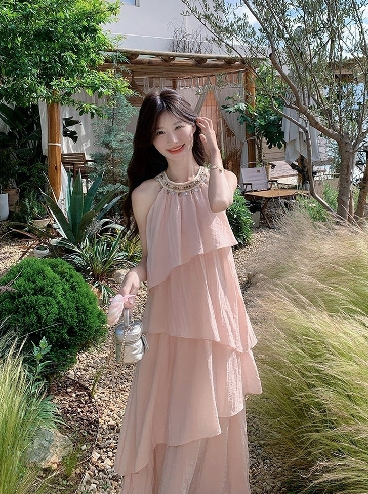 Pink Halter Neck French Style Summer Dress
