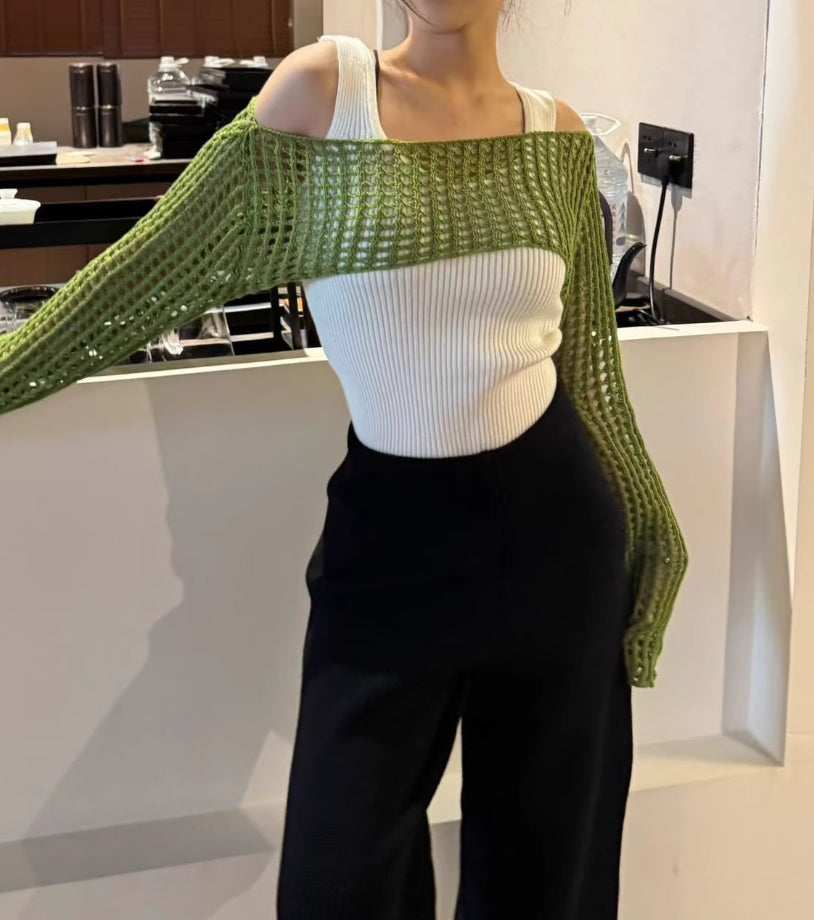 Pink Hollow Knit Cropped Sweater