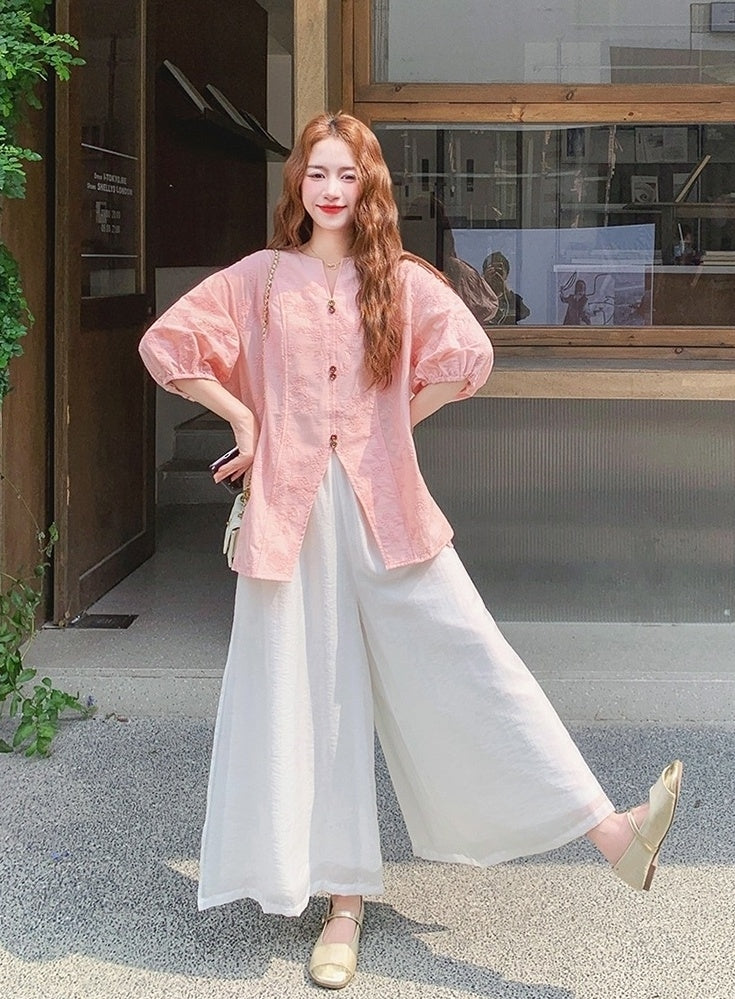 Pink Jacquard Relaxed Shirt Wide Leg Pants Set