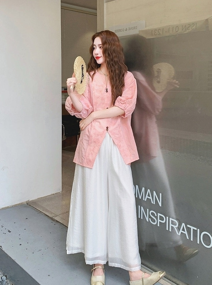Pink Jacquard Relaxed Shirt Wide Leg Pants Set