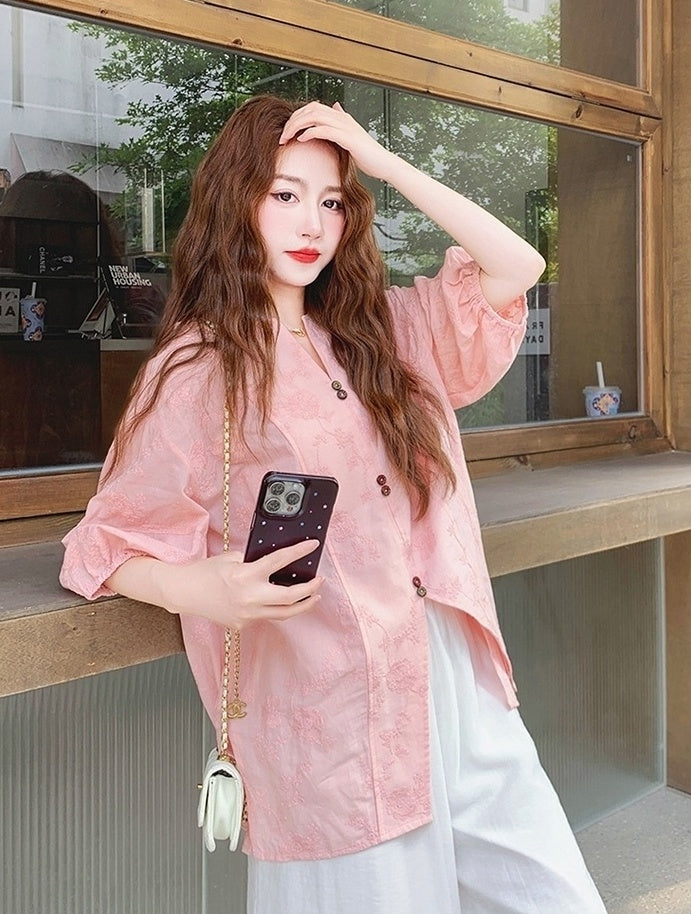 Pink Jacquard Relaxed Shirt Wide Leg Pants Set