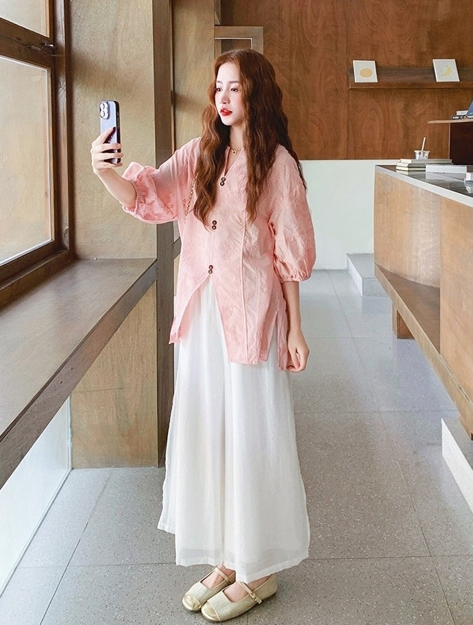 Pink Jacquard Relaxed Shirt Wide Leg Pants Set