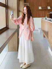 Pink Jacquard Relaxed Shirt Wide Leg Pants Set