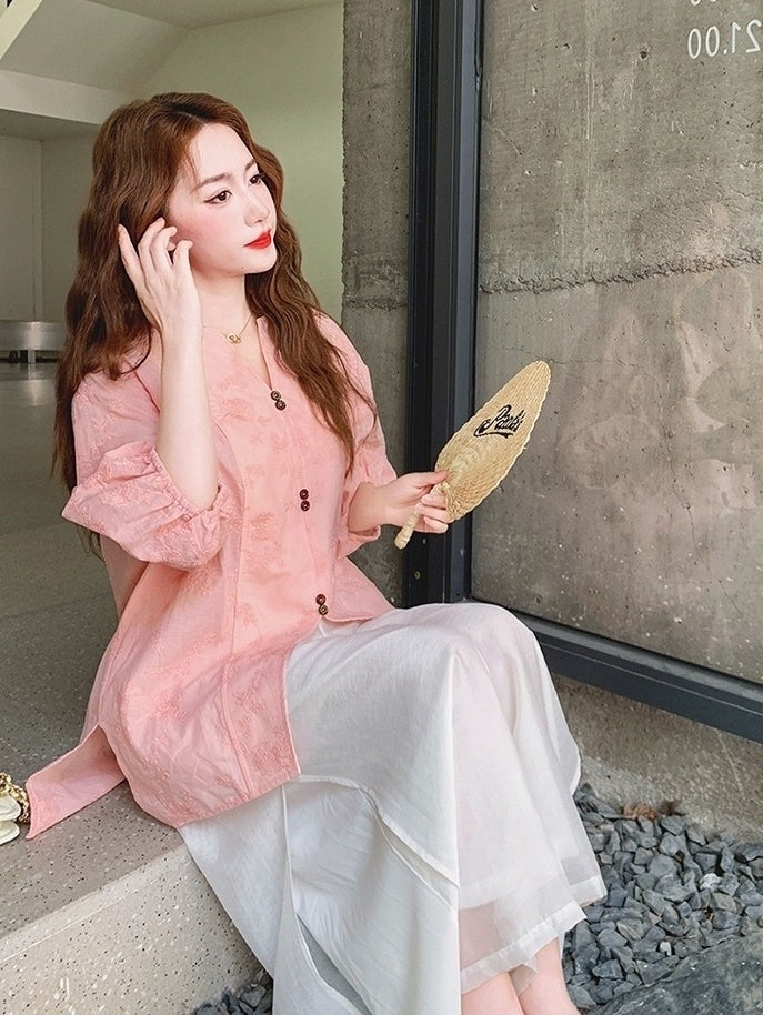 Pink Jacquard Relaxed Shirt Wide Leg Pants Set