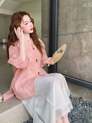 Pink Jacquard Relaxed Shirt Wide Leg Pants Set