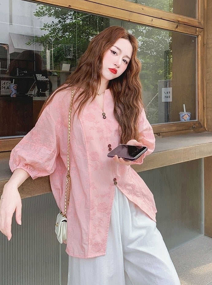 Pink Jacquard Relaxed Shirt Wide Leg Pants Set