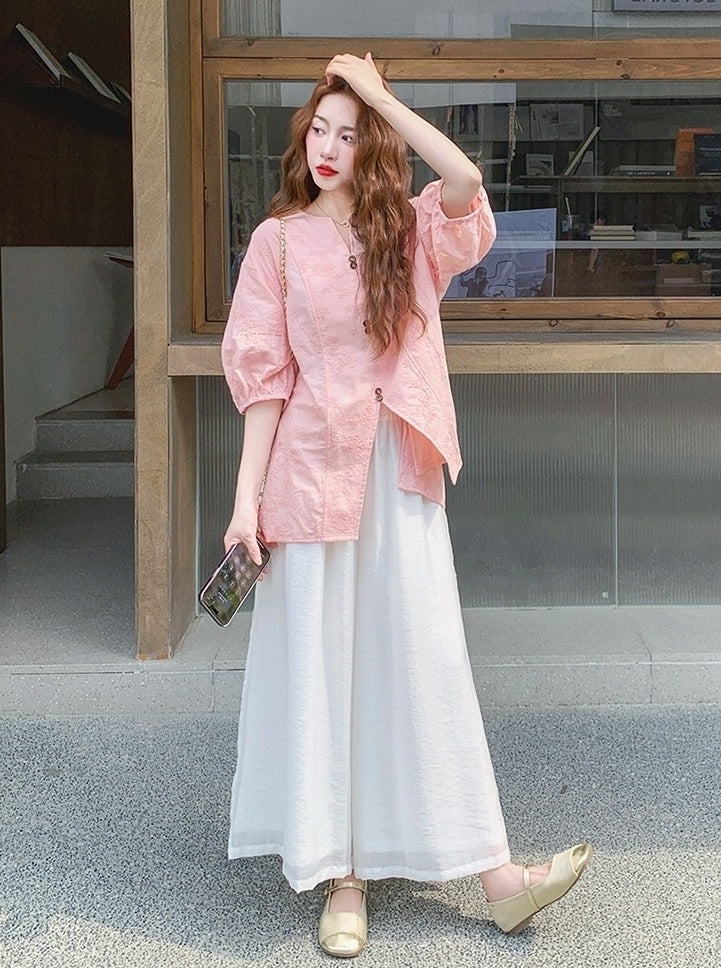 Pink Jacquard Relaxed Shirt Wide Leg Pants Set