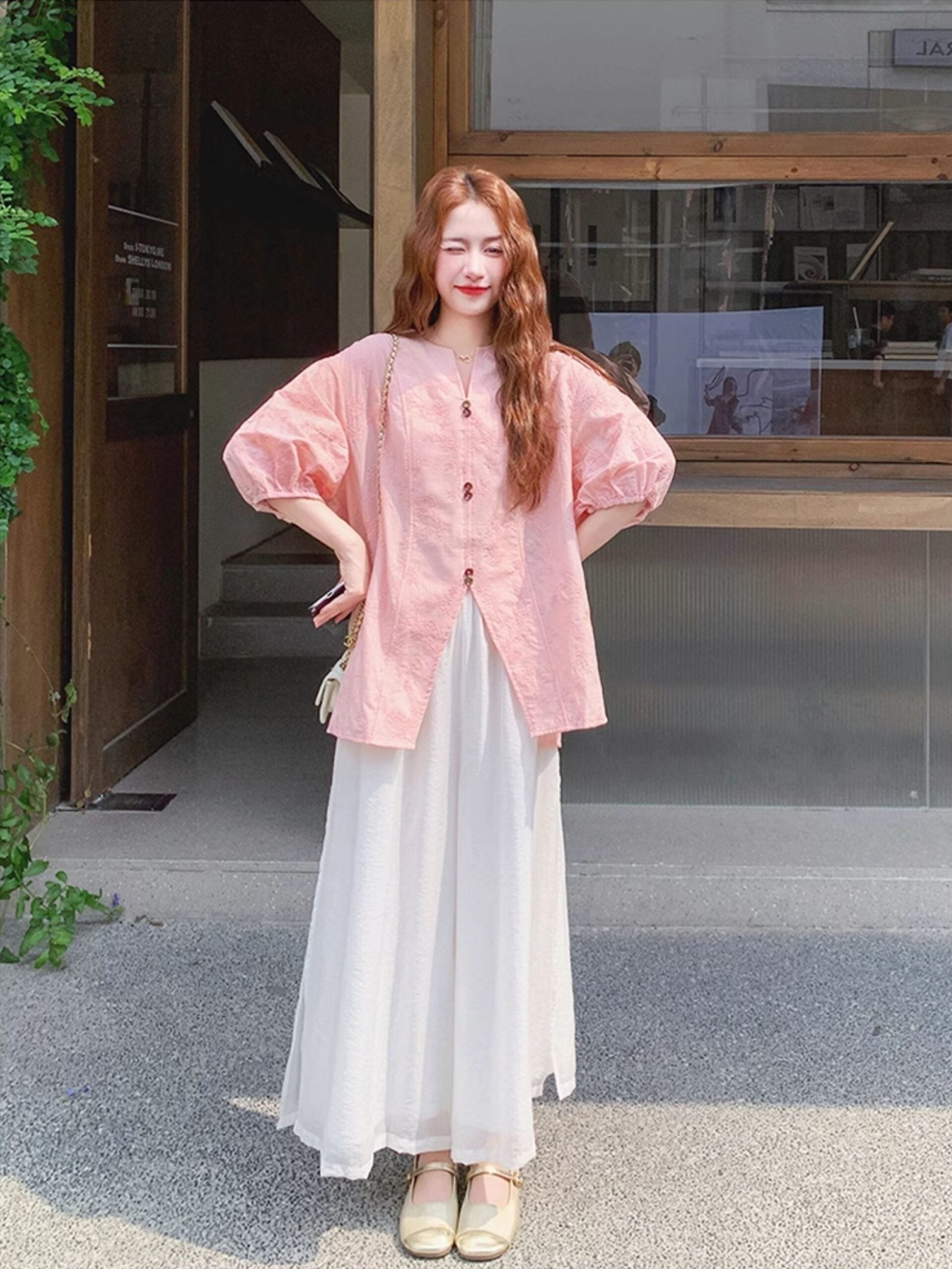 Pink Jacquard Relaxed Shirt Wide Leg Pants Set
