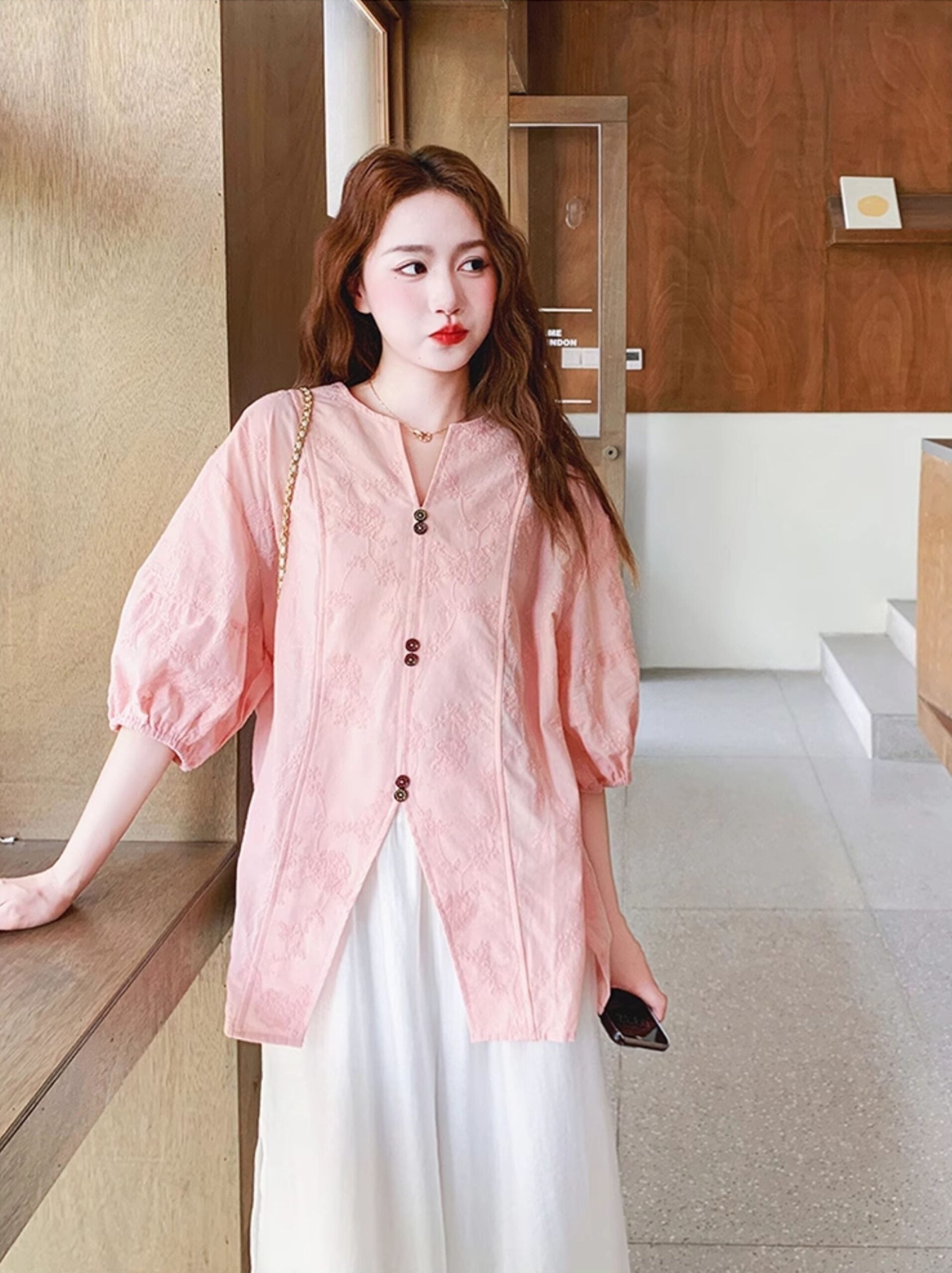 Pink Jacquard Relaxed Shirt Wide Leg Pants Set