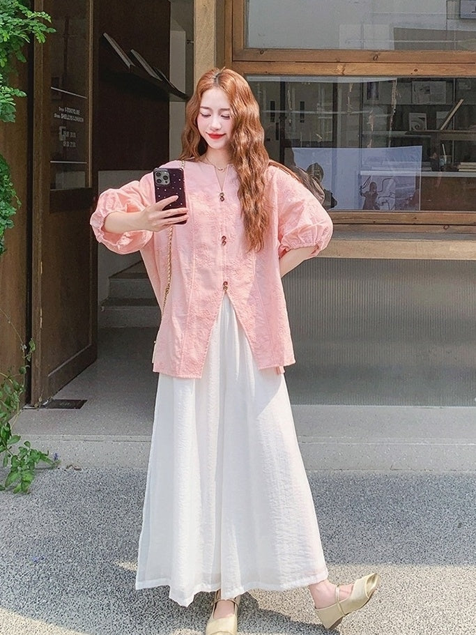 Pink Jacquard Relaxed Shirt Wide Leg Pants Set