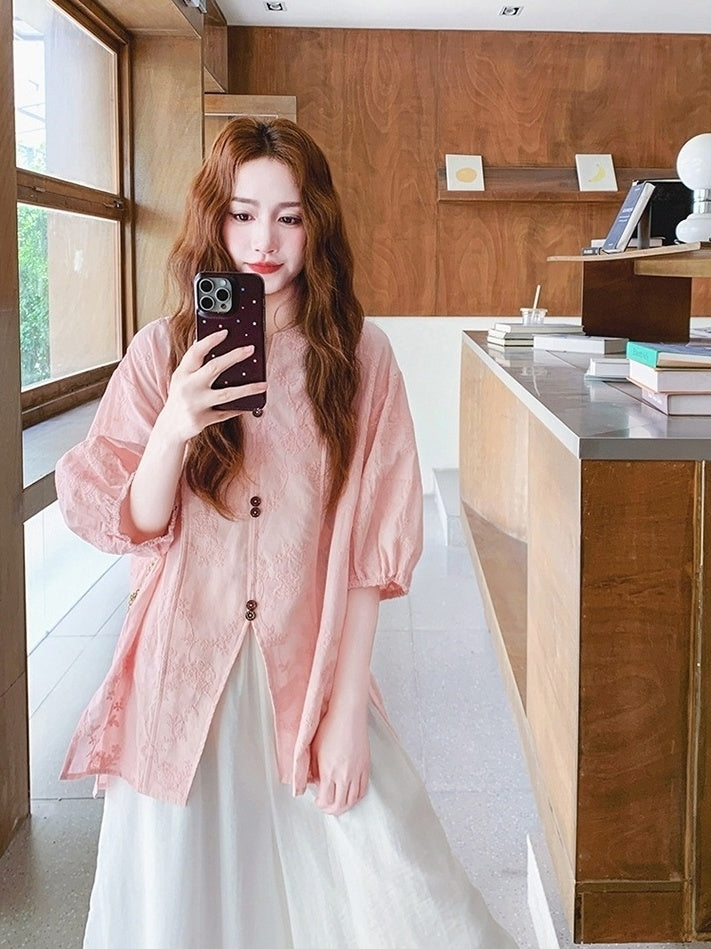 Pink Jacquard Relaxed Shirt Wide Leg Pants Set