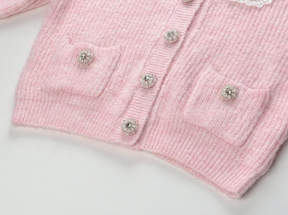 Pink Lace Collar Knitted Cardigan