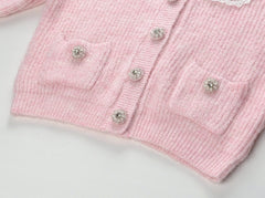 Pink Lace Collar Knitted Cardigan