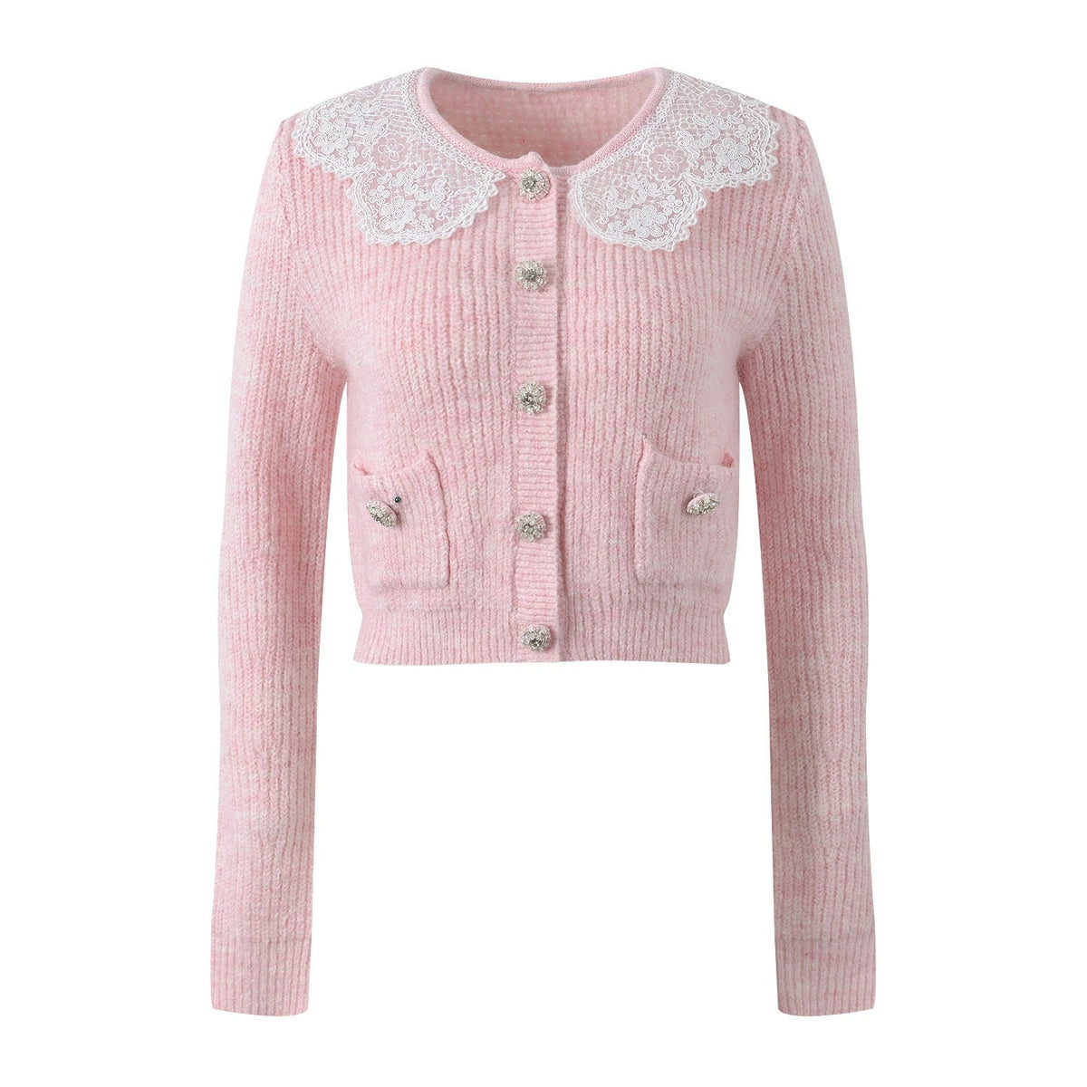 Pink Lace Collar Knitted Cardigan