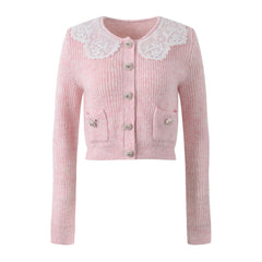 Pink Lace Collar Knitted Cardigan