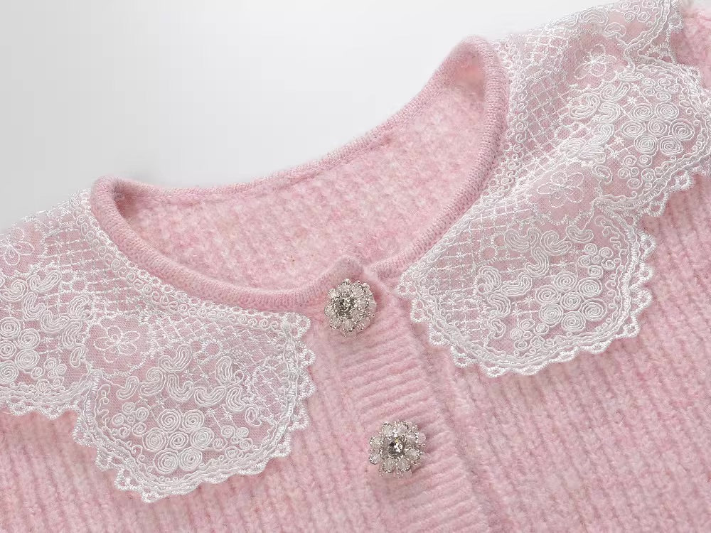 Pink Lace Collar Knitted Cardigan