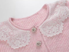 Pink Lace Collar Knitted Cardigan