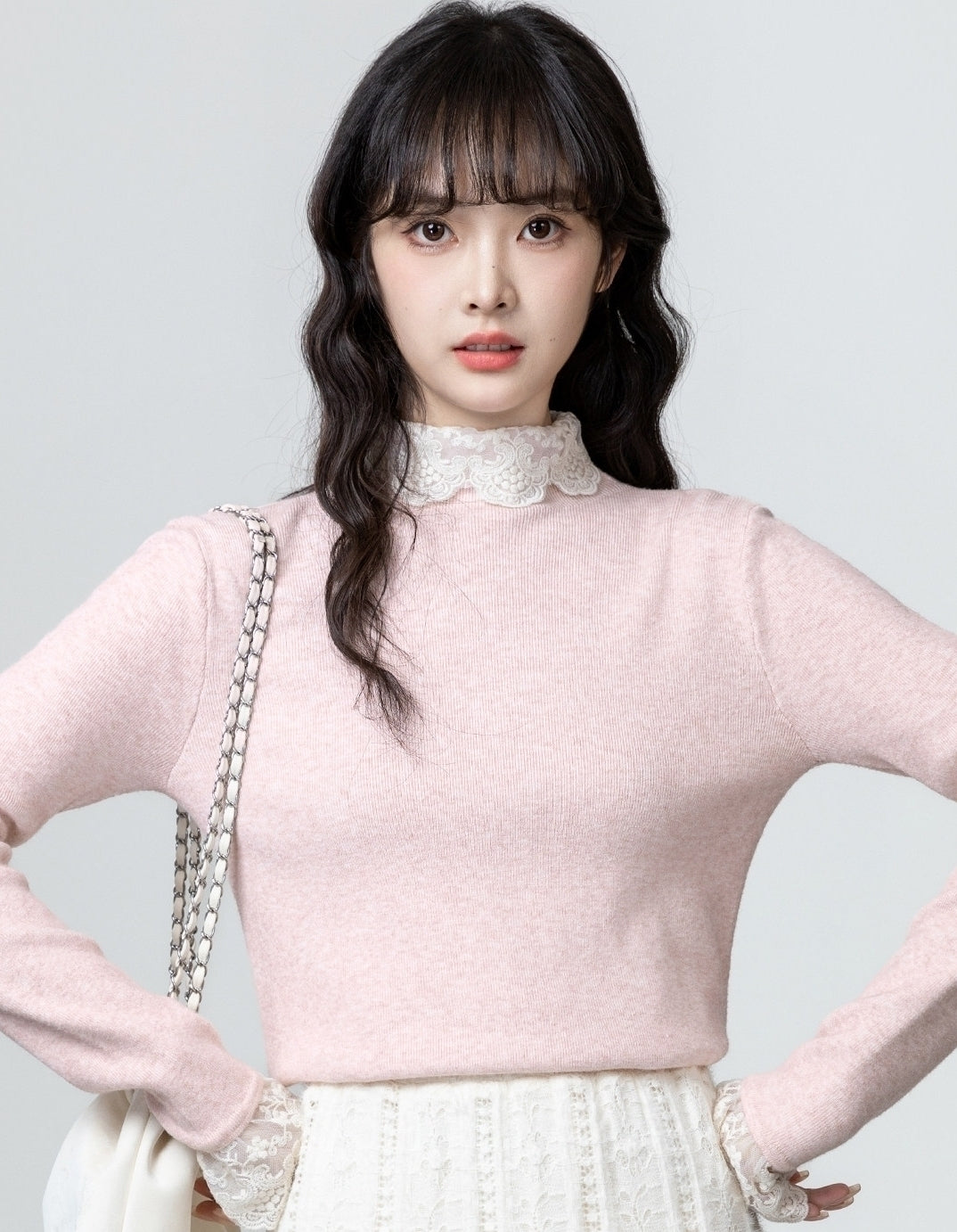 Pink Lace Trim Knit Turtleneck Sweater Top